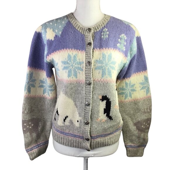 Vtg Hand Knit Skyr Cardigan Sweater Nordic Fair Isle Penguin Polar Bear Reindeer - Picture 2 of 11
